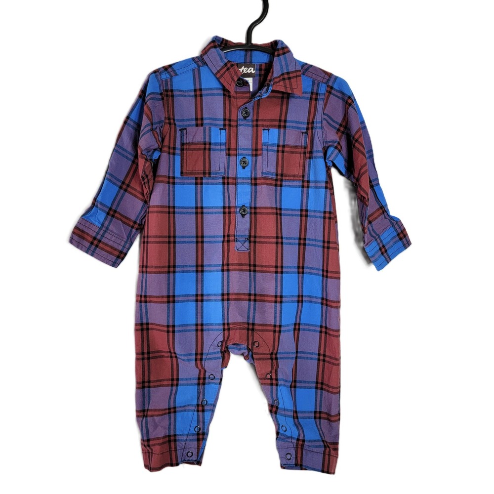 Tea Collection Plaid Long Sleeve Romper Jumpsuit Baby 6-9 Months Blue Red Cotton